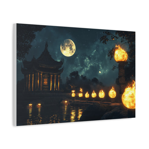 Moonlight Temple with Levitating Torches (Edition II) — Canvas Wall Art — Side Profile & Stretched Corner Detail