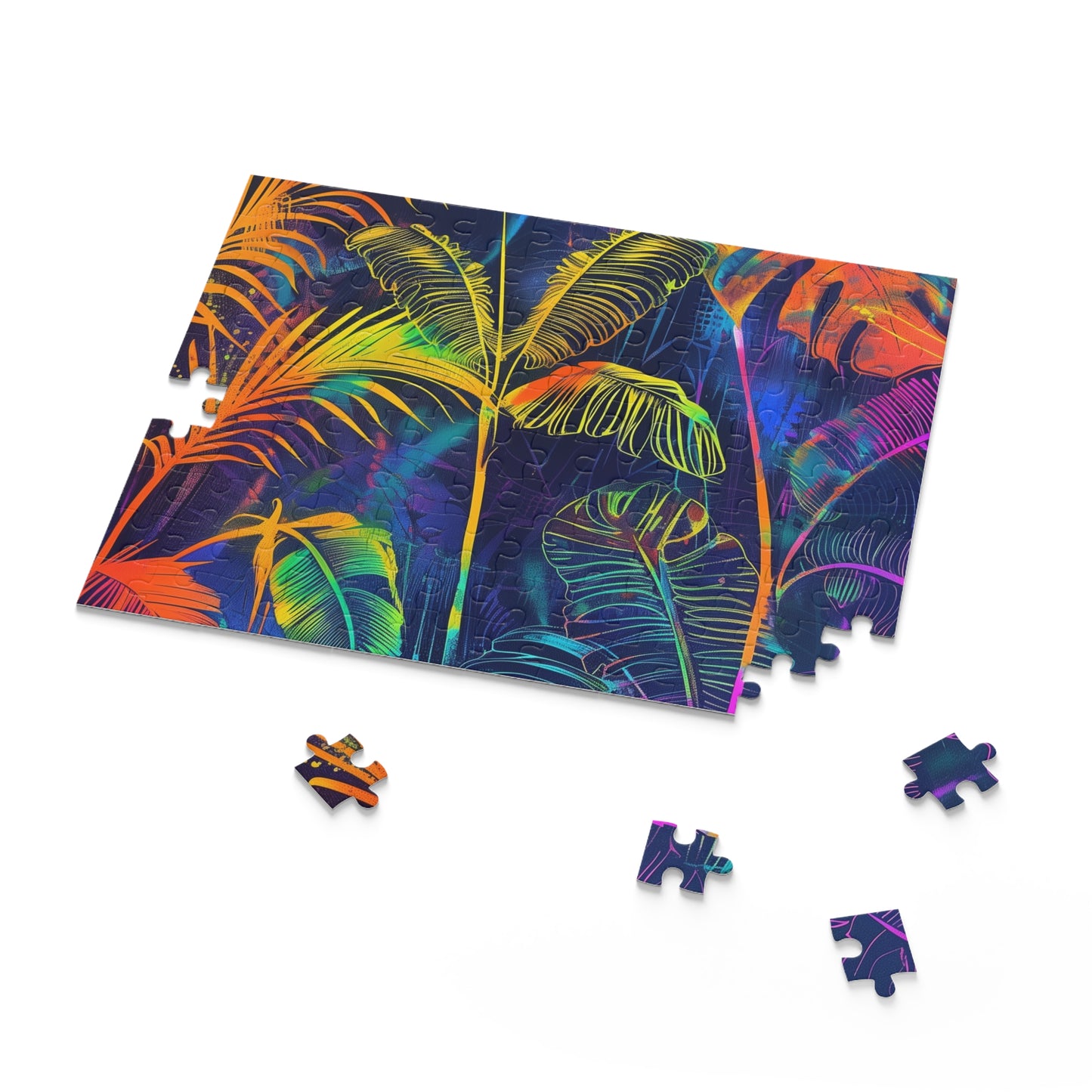 Neon Tropical Paradise jigsaw puzzle with intricate leaf and palm tree designs, vibrant colors - perfect escape!