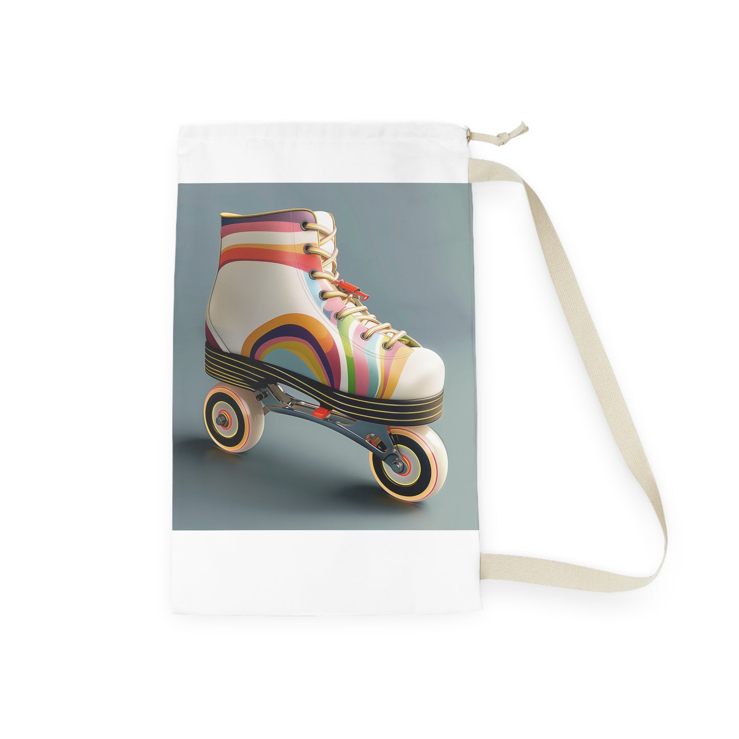 "Colorful retro roller skate laundry bag with vibrant stripes for a fun laundry routine"