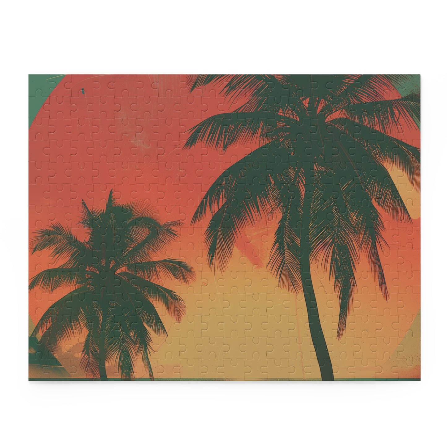 Retro Sunset Palms Jigsaw Puzzle - Vibrant puzzle of nostalgic paradise with retro sunset over palm trees for relaxation and mindfulness.