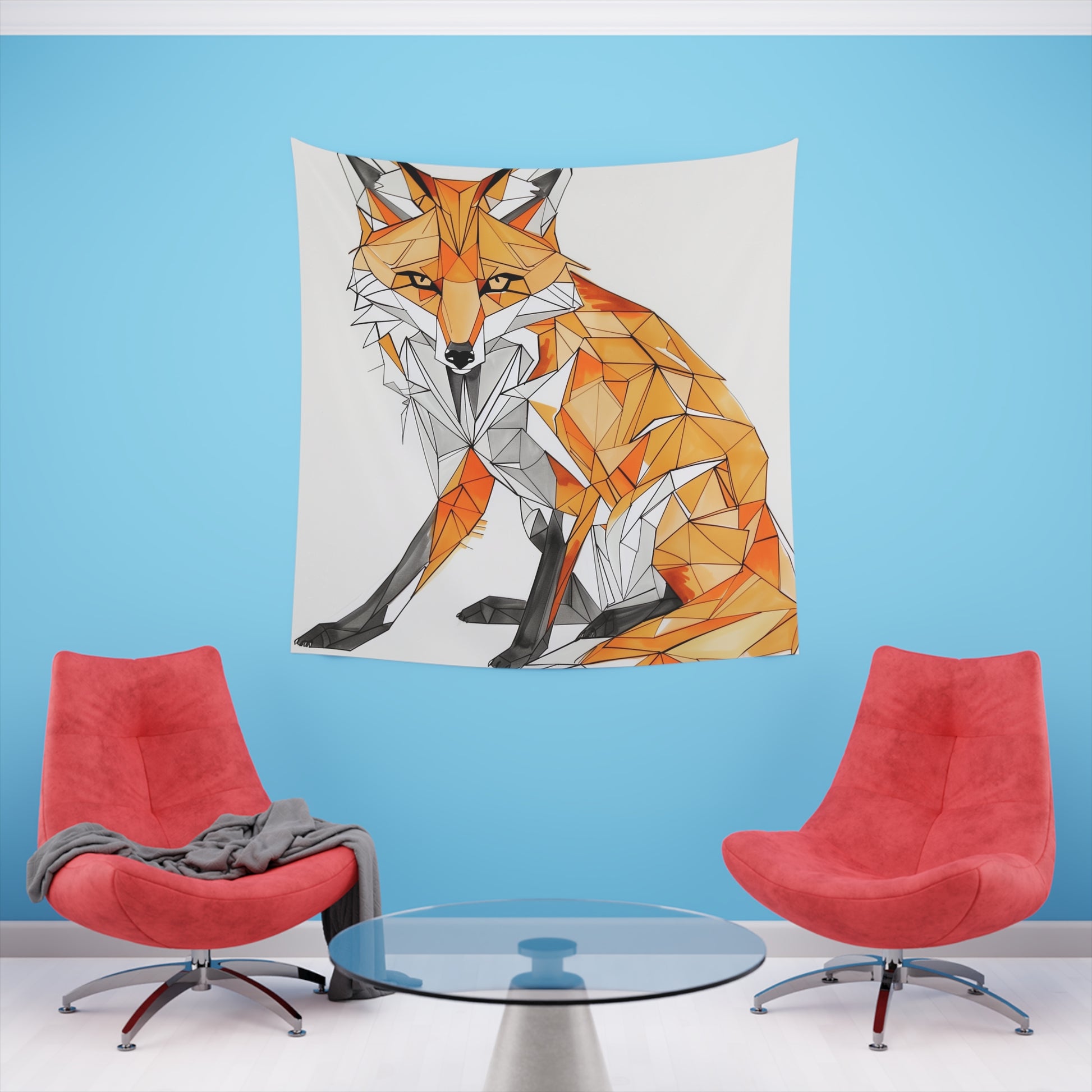 Fox in Form: A Geometric Tapestry | Wall Tapestry | All Over Print, AOP, Decor, Halloween, Home & Living, Home Decor, Indoor, Spring Essentials, Sublimation, Tapestry | Prints with Passion