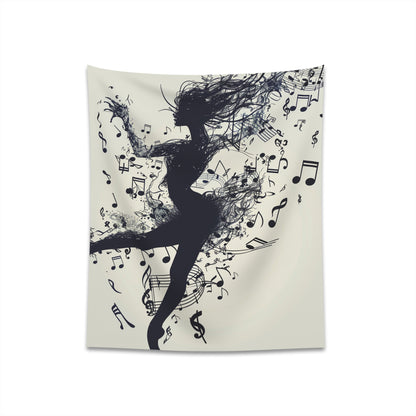 "Silhouette dancer tapestry with musical notes design, high-quality material, perfect for all seasons - Dancing Notes Tapestry"