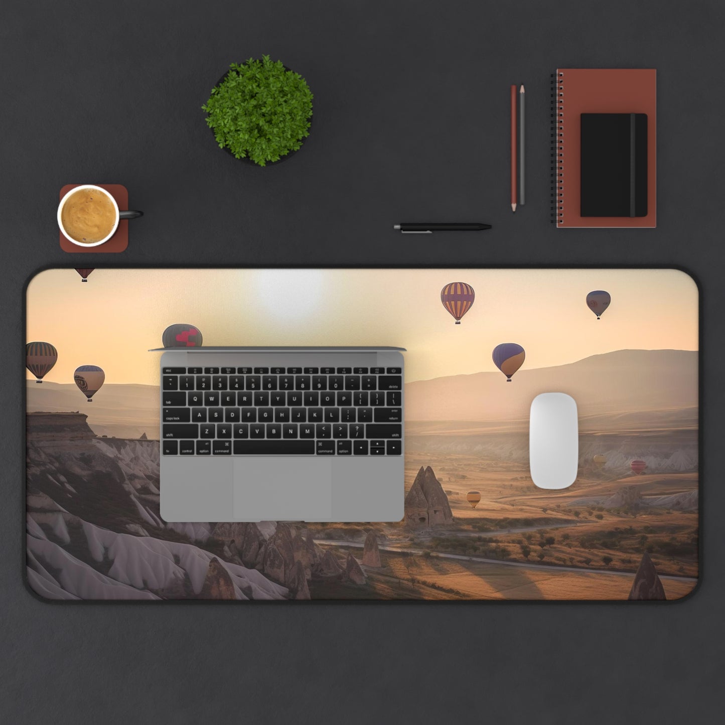 "Cappadocia hot air balloons desk mat, elevate your workspace with whimsical print"