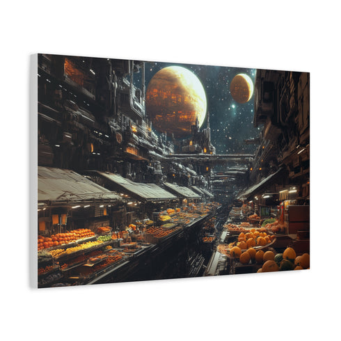 Floating Market in Space — Canvas Wall Art — Side Profile & Stretched Corner Detail