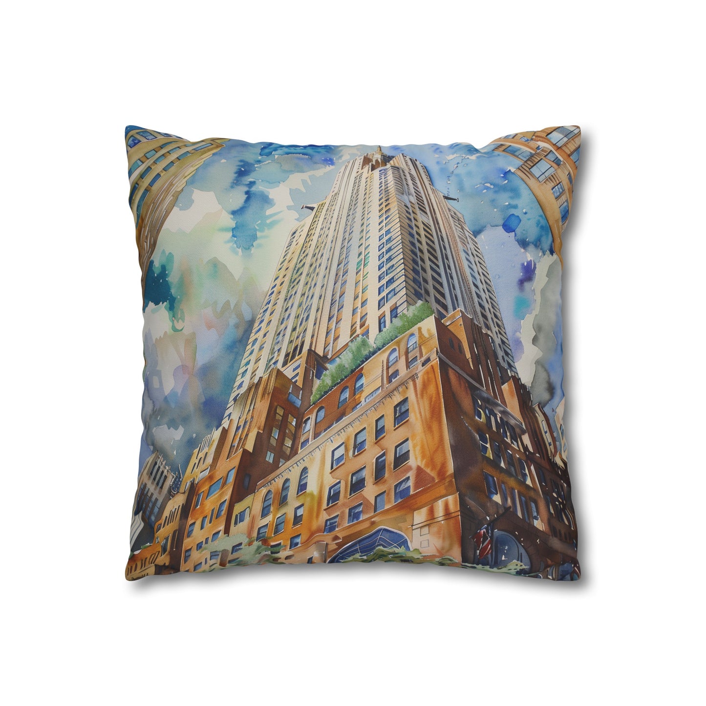 "Vintage Art Deco Dreams Pillowcase featuring iconic Chrysler Building in soft watercolors, perfect for stylish and comfortable sleep."