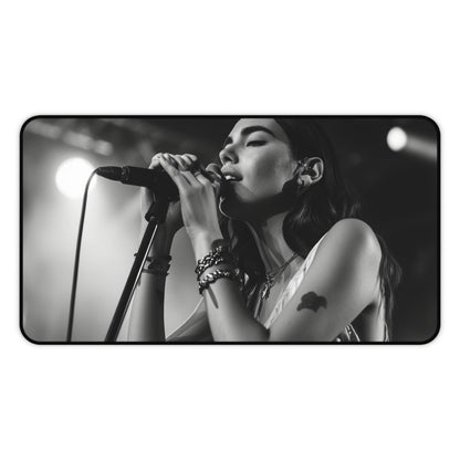 "Dua Lipa Desk Mat Collection featuring pop star singing on stage, stay inspired and organized at work"