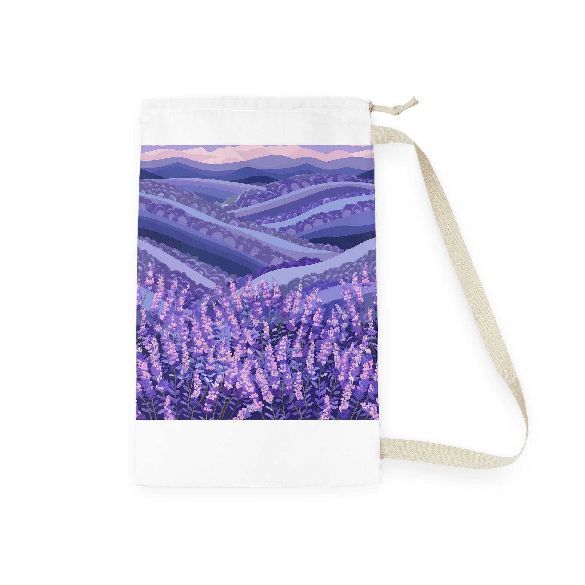 "Seamless lavender fields laundry bag with soothing blooms pattern for refreshing clothes"