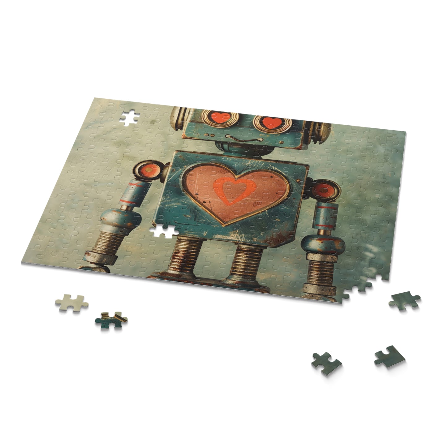 Retro Robot Love Puzzle - Charming jigsaw puzzle with vintage robot design surrounded by heart symbol, ideal for robot lovers and puzzle fans.