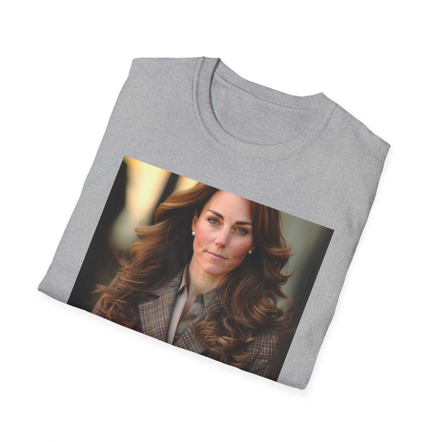 "Kate Middleton royal-inspired t-shirt featuring soft brushstrokes and sophisticated color palette, capturing her elegance and grace. Perfect for those inspired by the Duchess of Cambridge's timeless style and commitment to her role. Embrace your inner strength and compassion with this iconic tee."