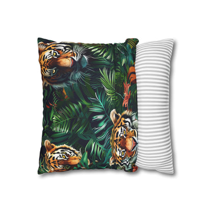 "Tiger Safari Pillow Case - Transform your bedroom with this wild oasis featuring majestic tigers in lush jungle foliage"