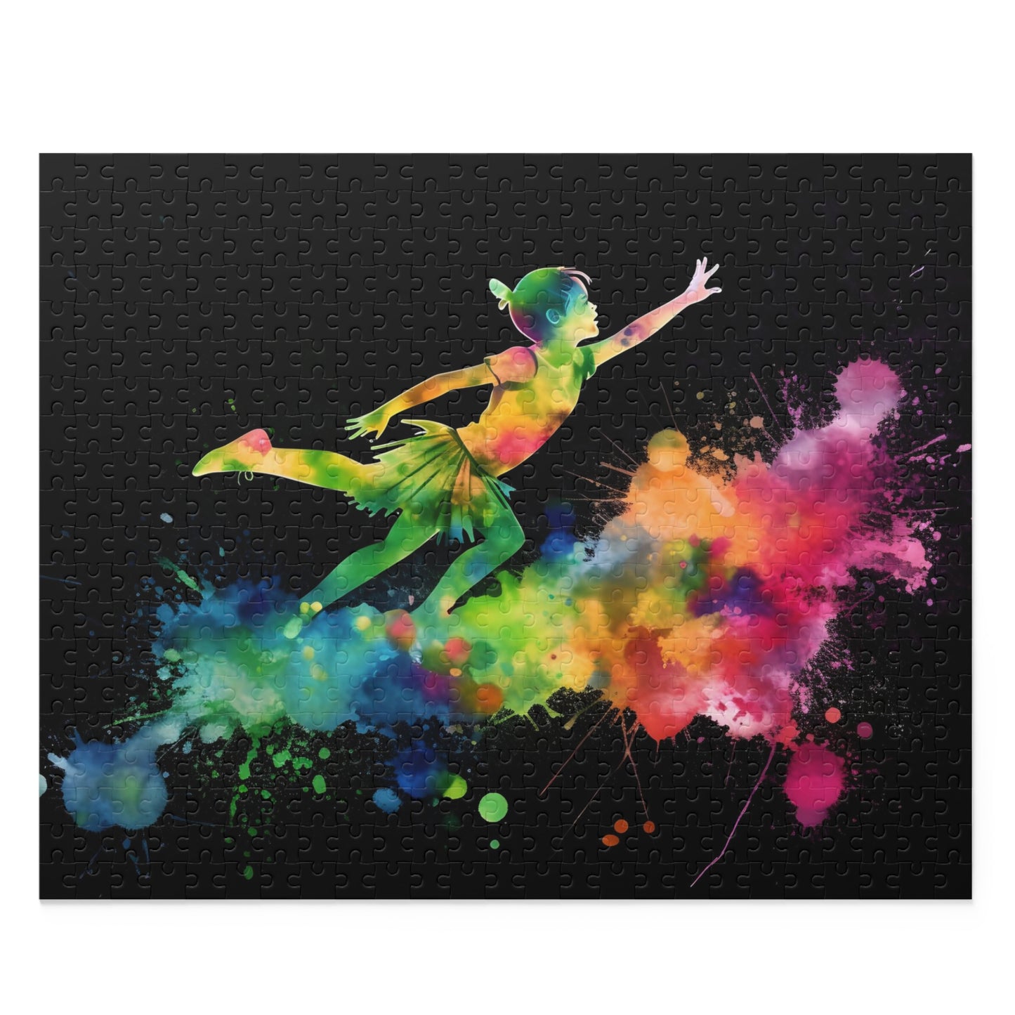 "Peter Pan Watercolor Neon Puzzle, vibrant jigsaw with neon colors, brings beloved characters to life"