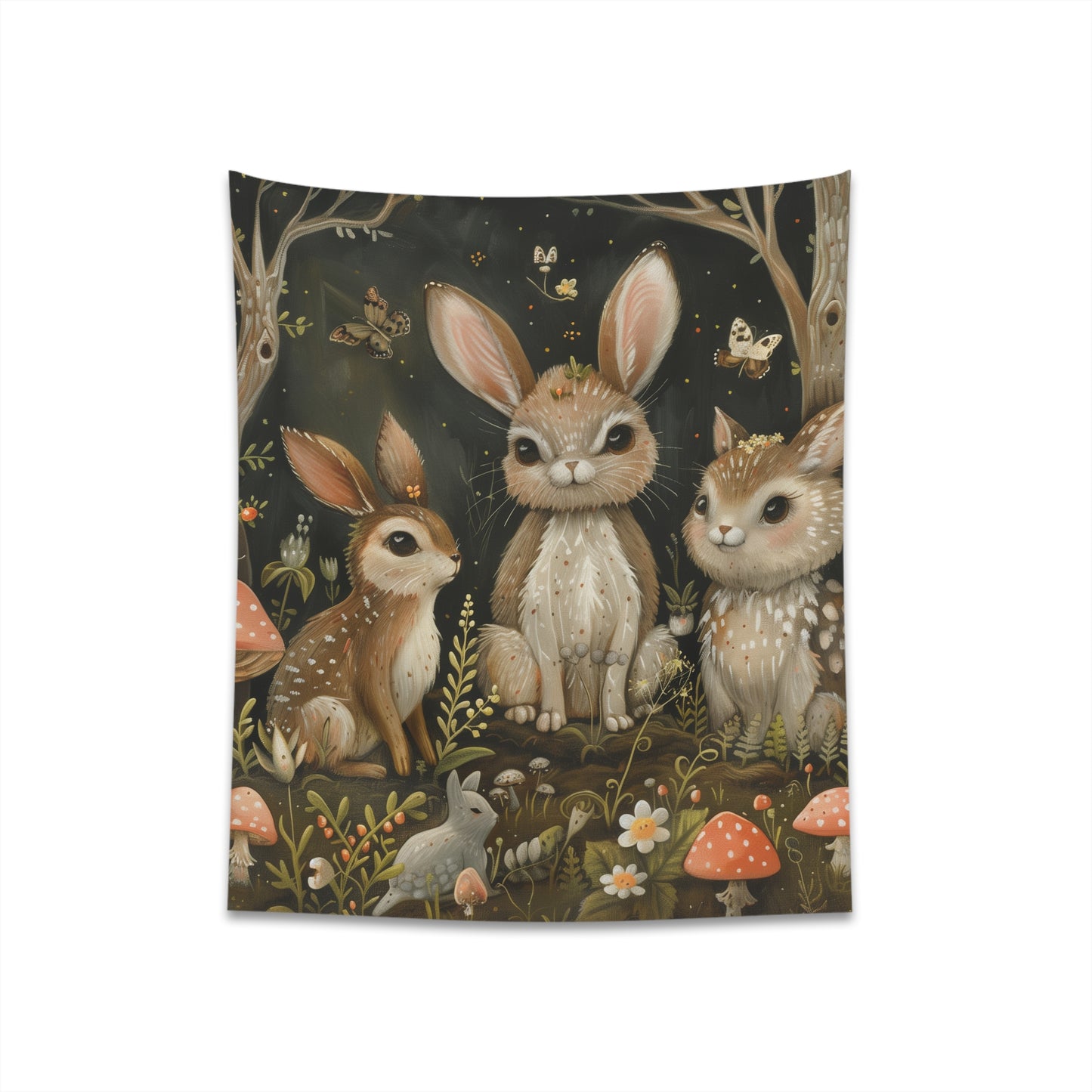 "Enchanted Forest Woodland Tapestry: Adorable creatures in lush forest scene. High-quality, stylish, perfect for all seasons. Makes a great gift. Available in 34" × 40" and 57" × 57" sizes. Shop now!"