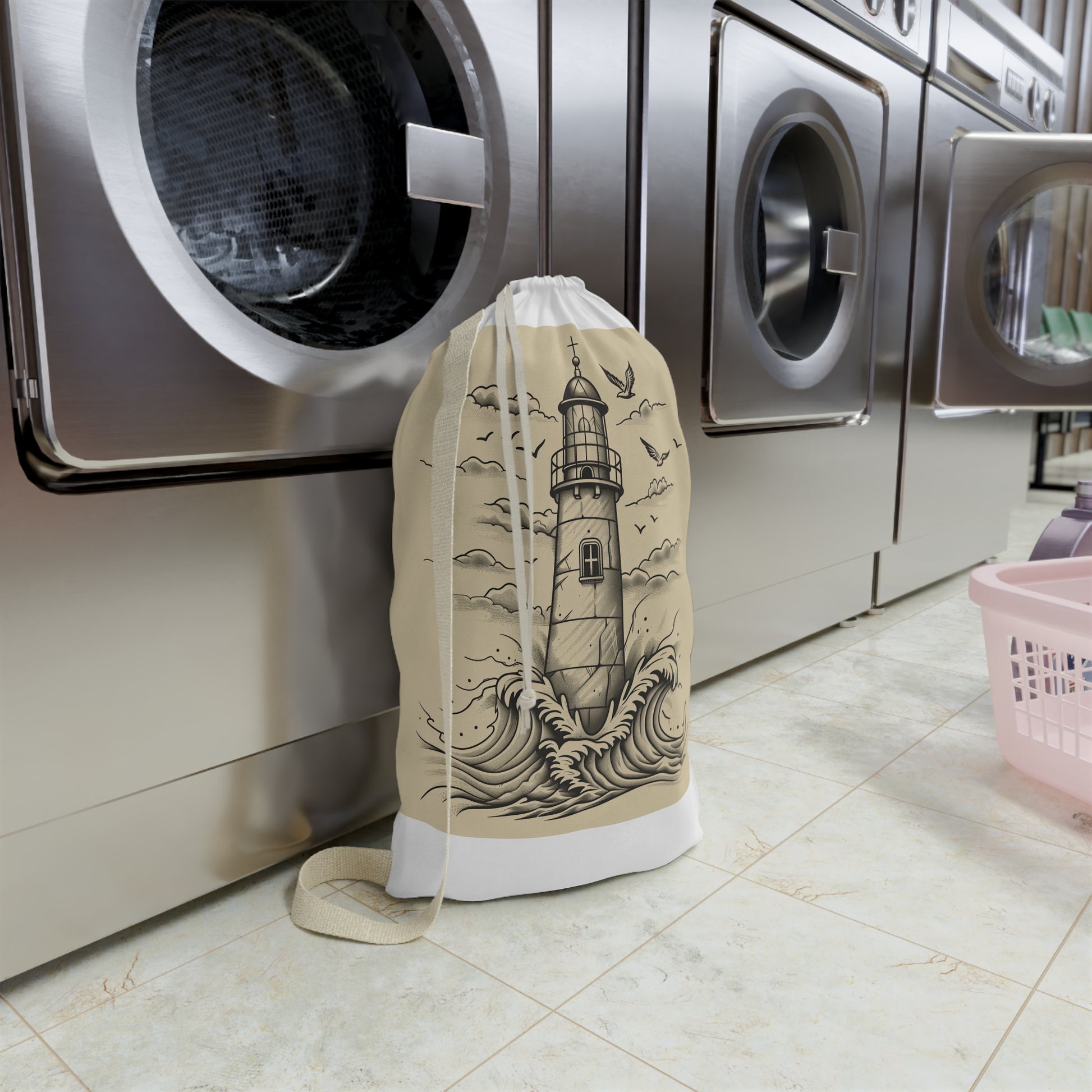 "Nautical-inspired light-up lighthouse laundry bag with waves design for coastal charm"