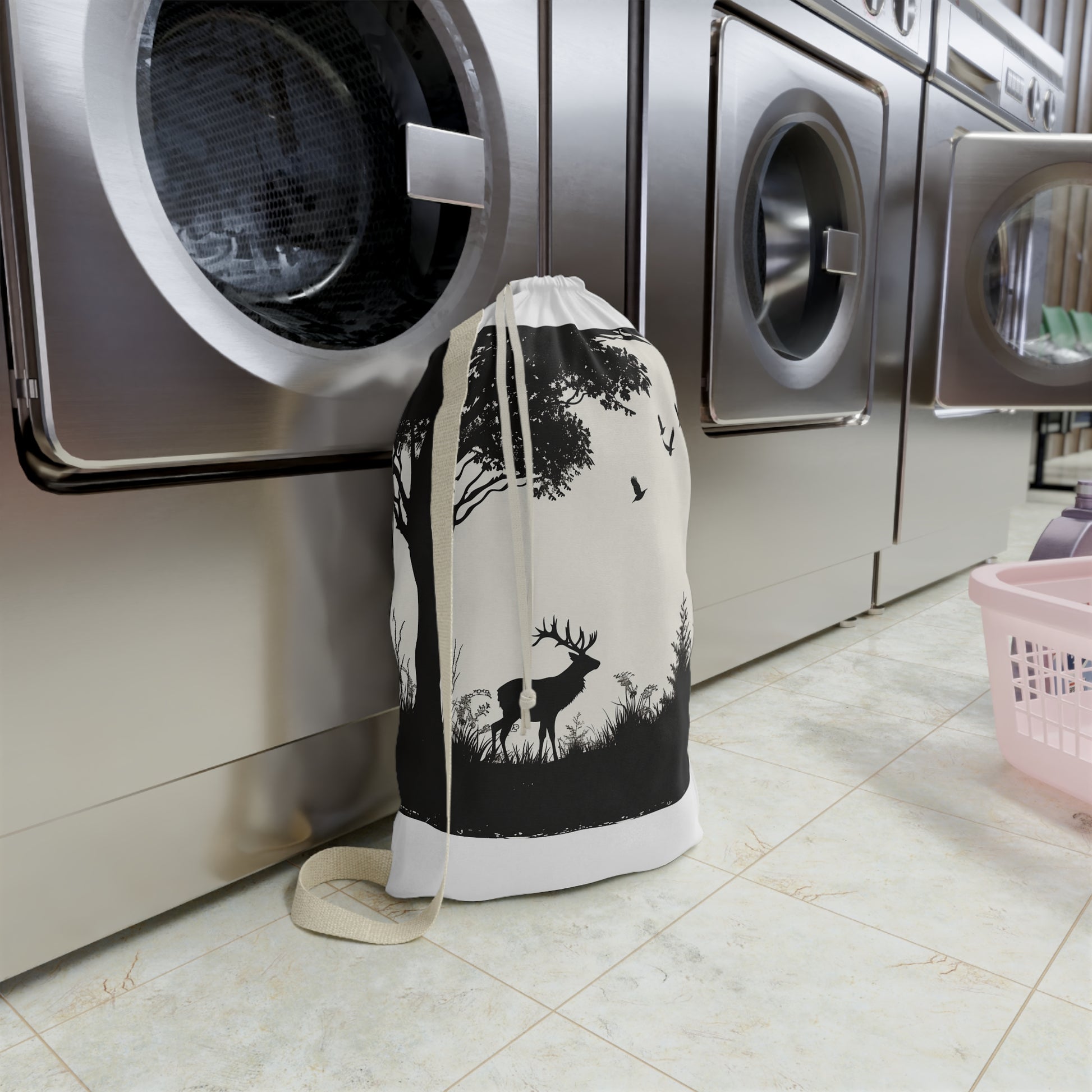 "Wildlife Silhouette Laundry Bag - Eco-friendly design with intricate animal silhouettes for nature lovers"