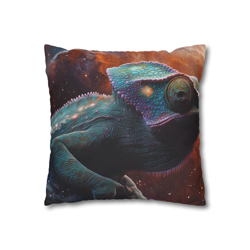 Chameleon Blending into Nebula Wall (Edition II) — 40×40 Cushion Cover — Double-Sided Back & Concealed Zip Detail