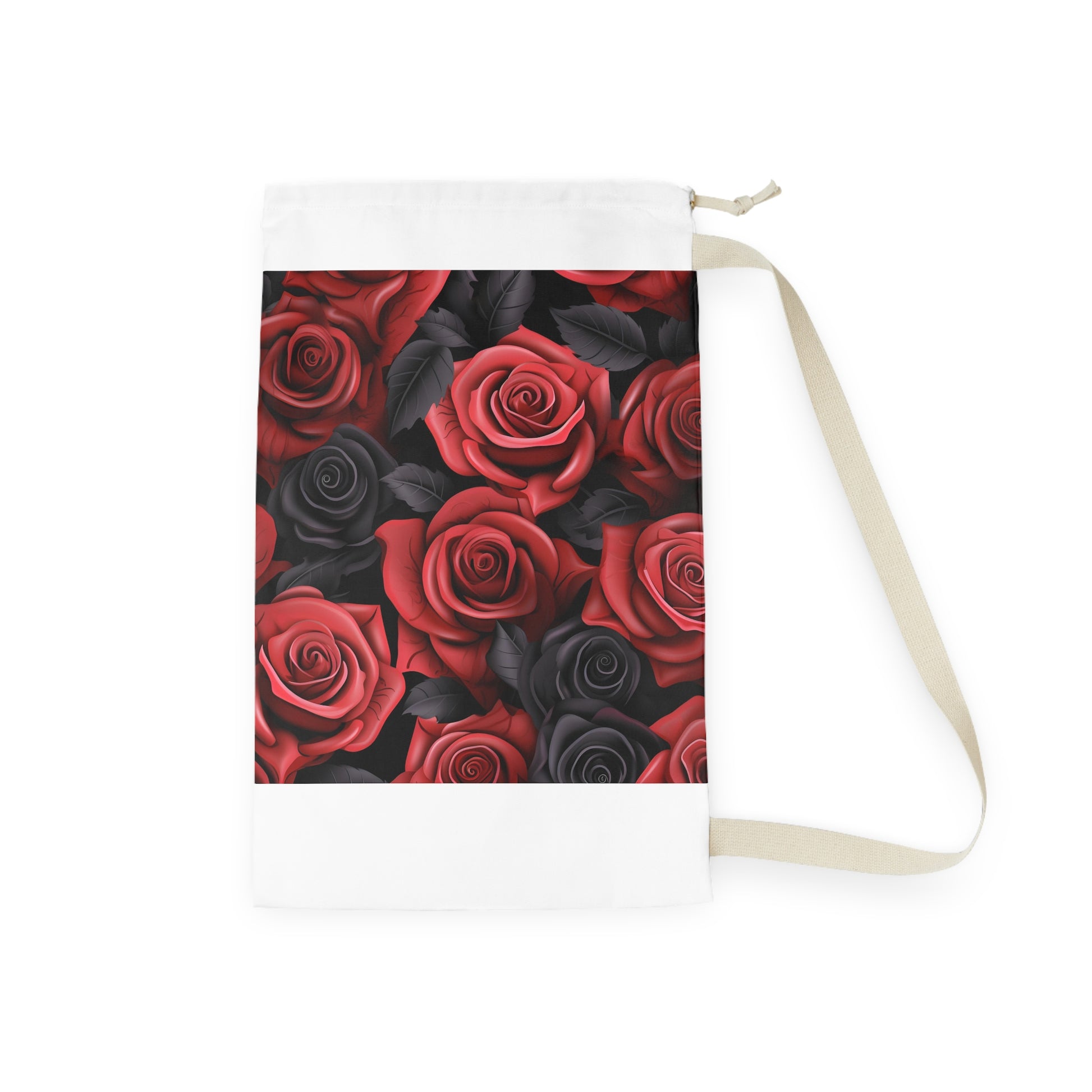 "Rose Blossom Laundry Bag in Red, Pink, and Black - Stylish and Organized Laundry Room Essential."