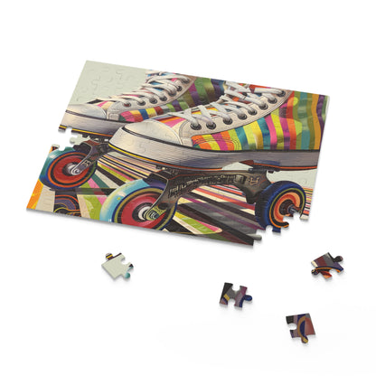 Retro roller skate jigsaw puzzle with colorful stripes, perfect for vintage enthusiasts.