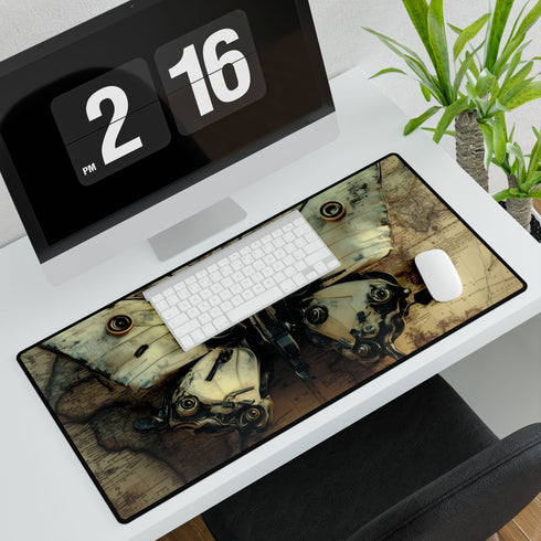 Robot Butterfly over Ancient Map — XL & XXL Desk Mat — 3mm Non-Slip Natural Rubber Base Detail
