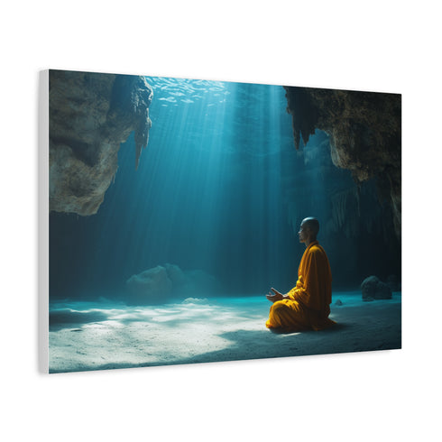Monk Meditating in Underwater Cave — Canvas Wall Art — Side Profile & Stretched Corner Detail