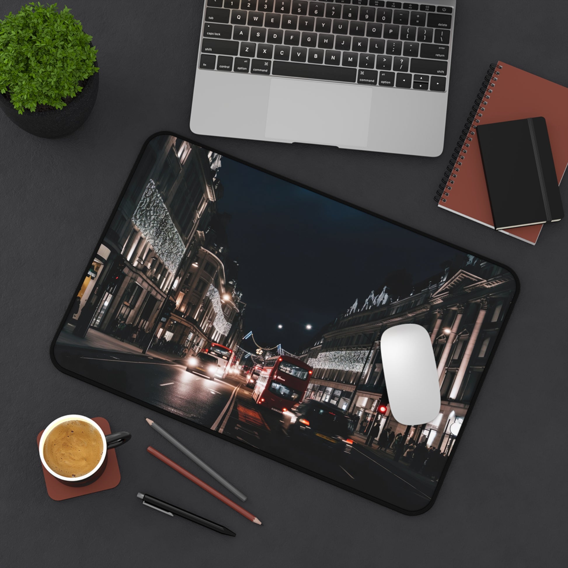 "Stylish Oxford Street Night Desk Mat for urban sophistication in workspace"