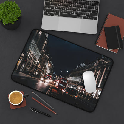 "Stylish Oxford Street Night Desk Mat for urban sophistication in workspace"