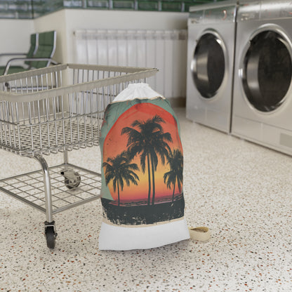 "Retro Sunset Palm Tree Laundry Bag - Keep laundry organized in style with this tropical paradise-inspired accessory"