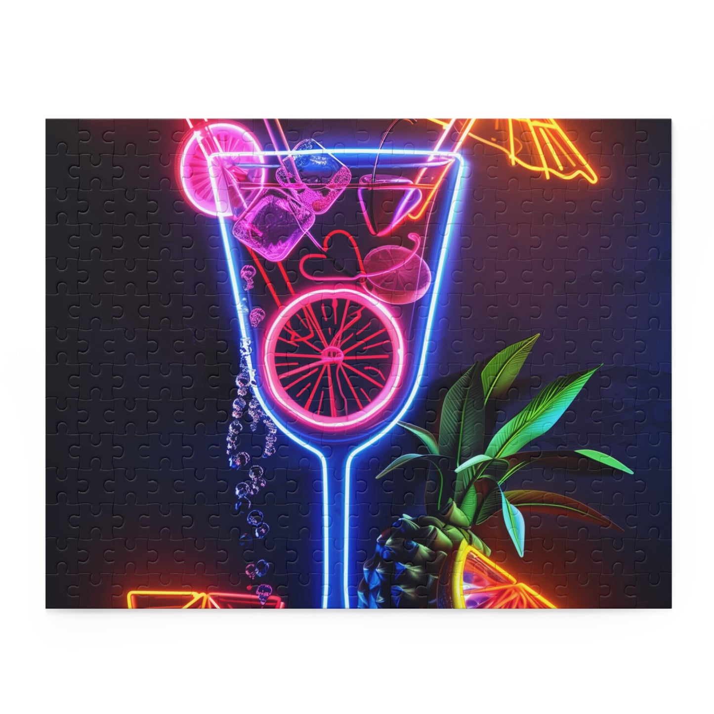 Neon Cocktail Jigsaw Puzzle - Vibrant tropical cocktail neon sign design for relaxation.