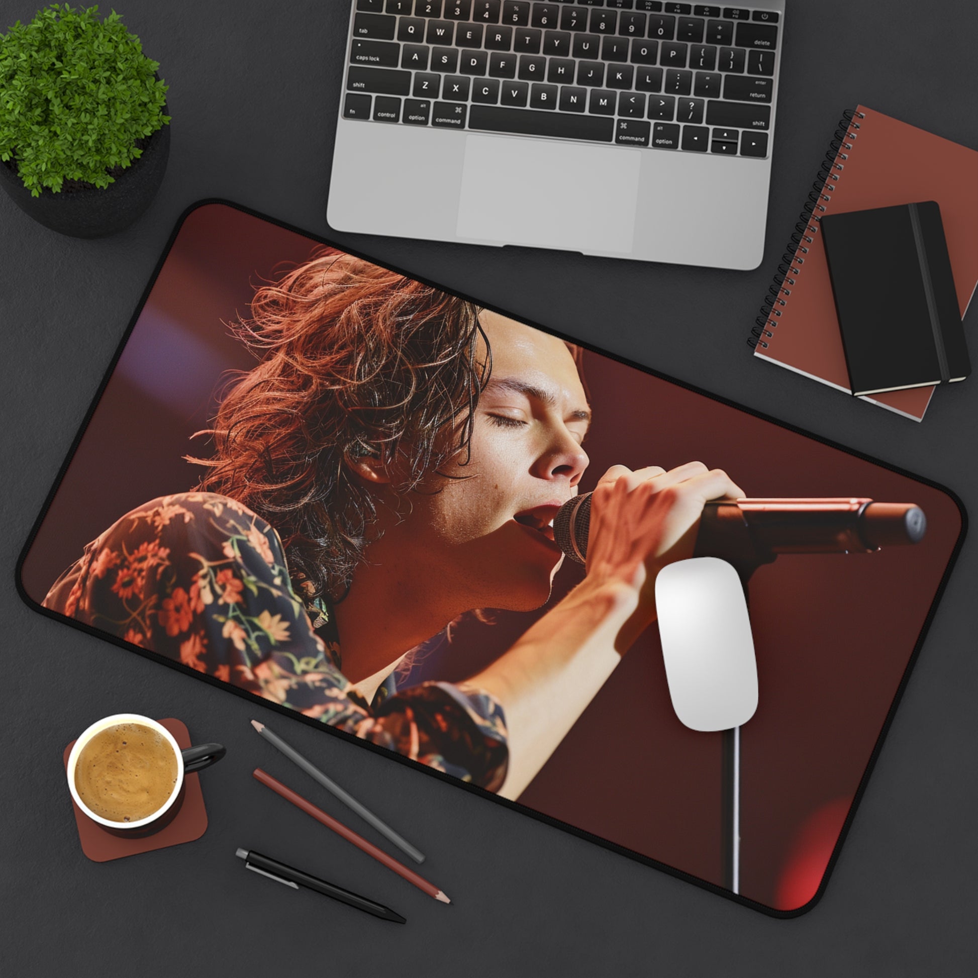 "Harry Styles singing desk mat, energize your workspace with vibrant concert illustration"