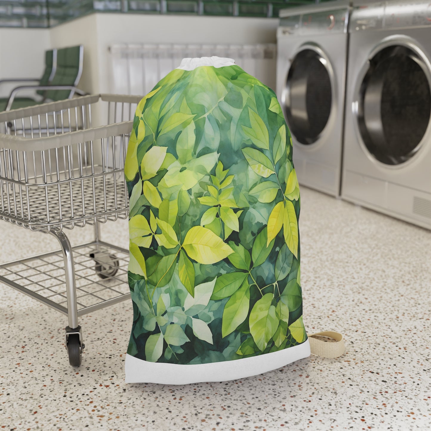 "Summer Foliage Watercolor Laundry Bag - Serene nature-inspired design for laundry in style"