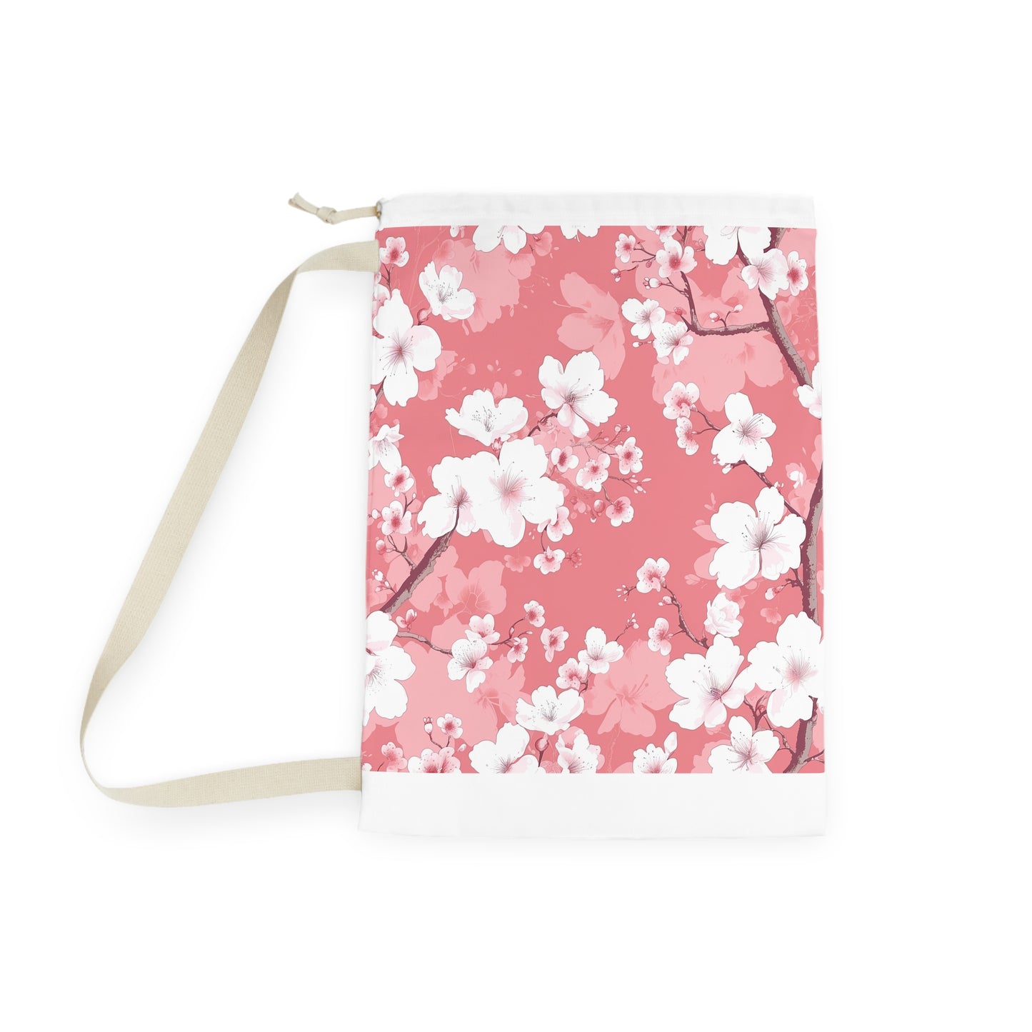 Pink and white Cherry Blossom laundry bag for stylish organization - elegant floral pattern!