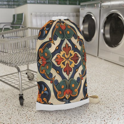 "Artisan Tiles seamless pattern laundry bag, durable and stylish for laundry routine"