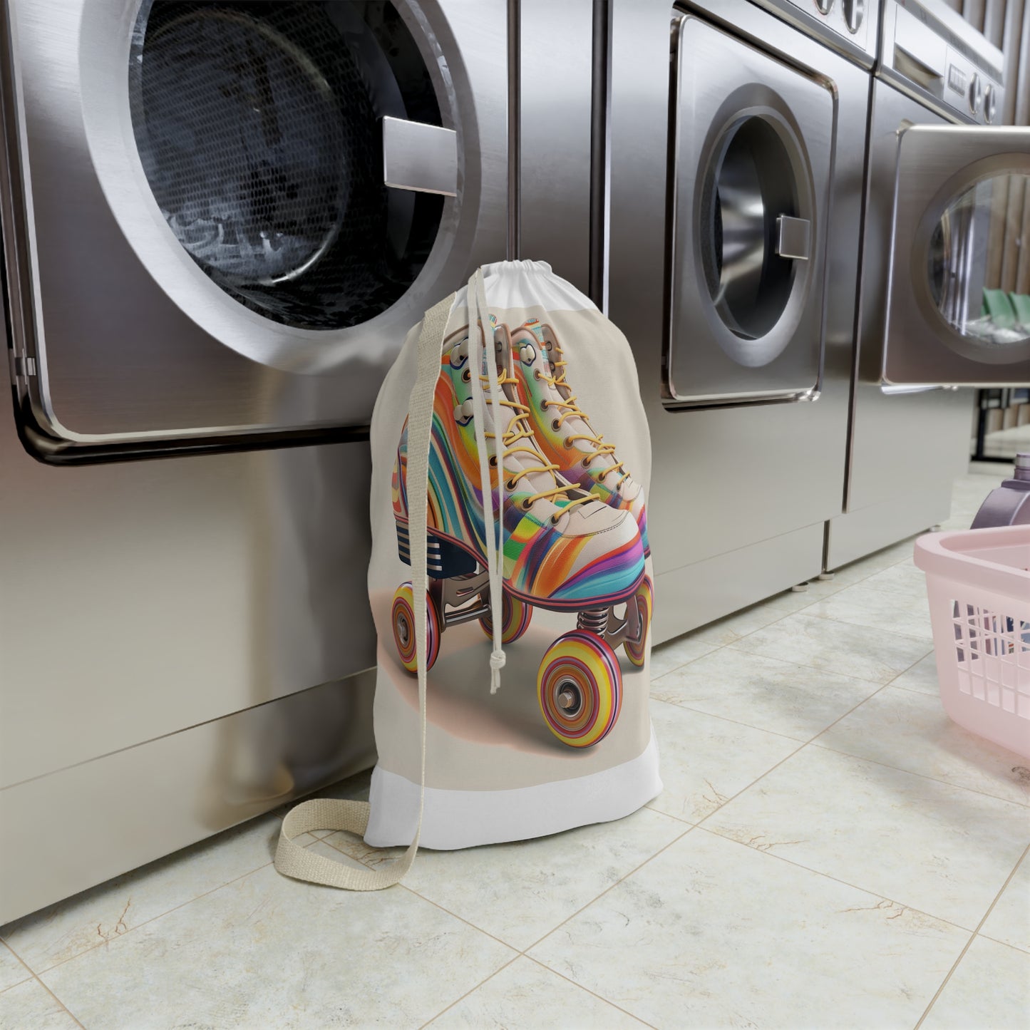 Colorful retro roller skate laundry bag with stripes, perfect for adding a fun touch to laundry routine.