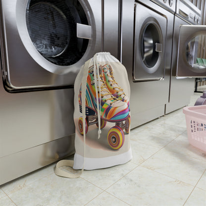 Colorful retro roller skate laundry bag with stripes, perfect for adding a fun touch to laundry routine.