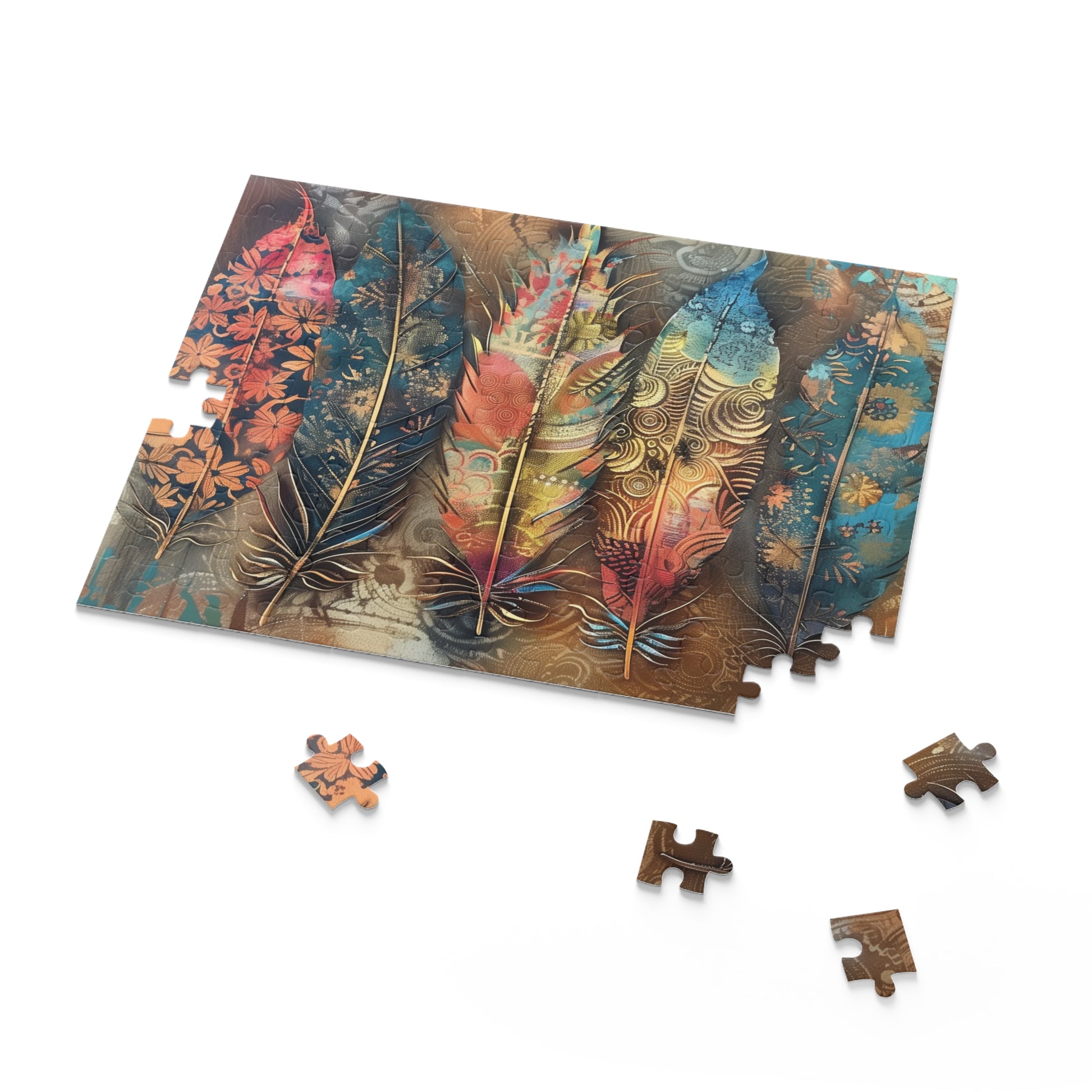 "Bohemian Feathers Jigsaw Puzzle - Intricate designs and vibrant hues for a relaxing challenge"