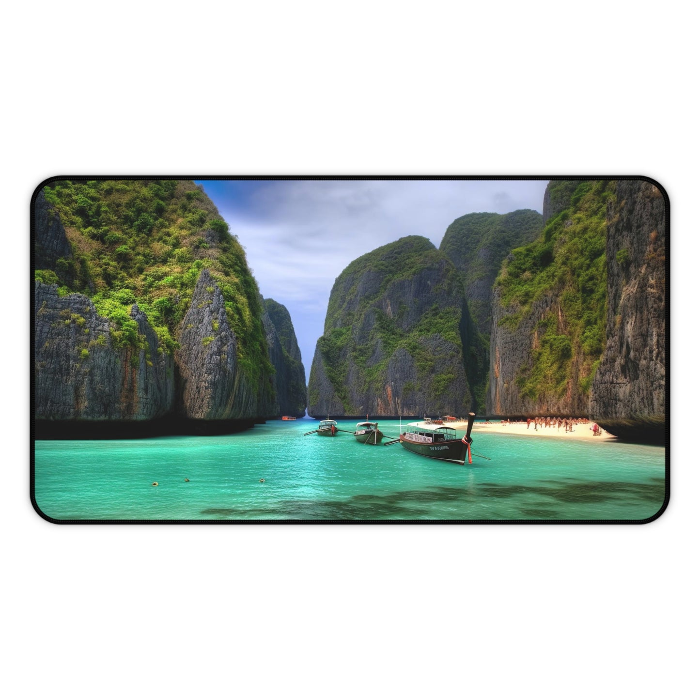 "Koh Phi Phi Lagoon Desk Mat - Dive into serene beauty with crystal clear waters and lush green cliffs"