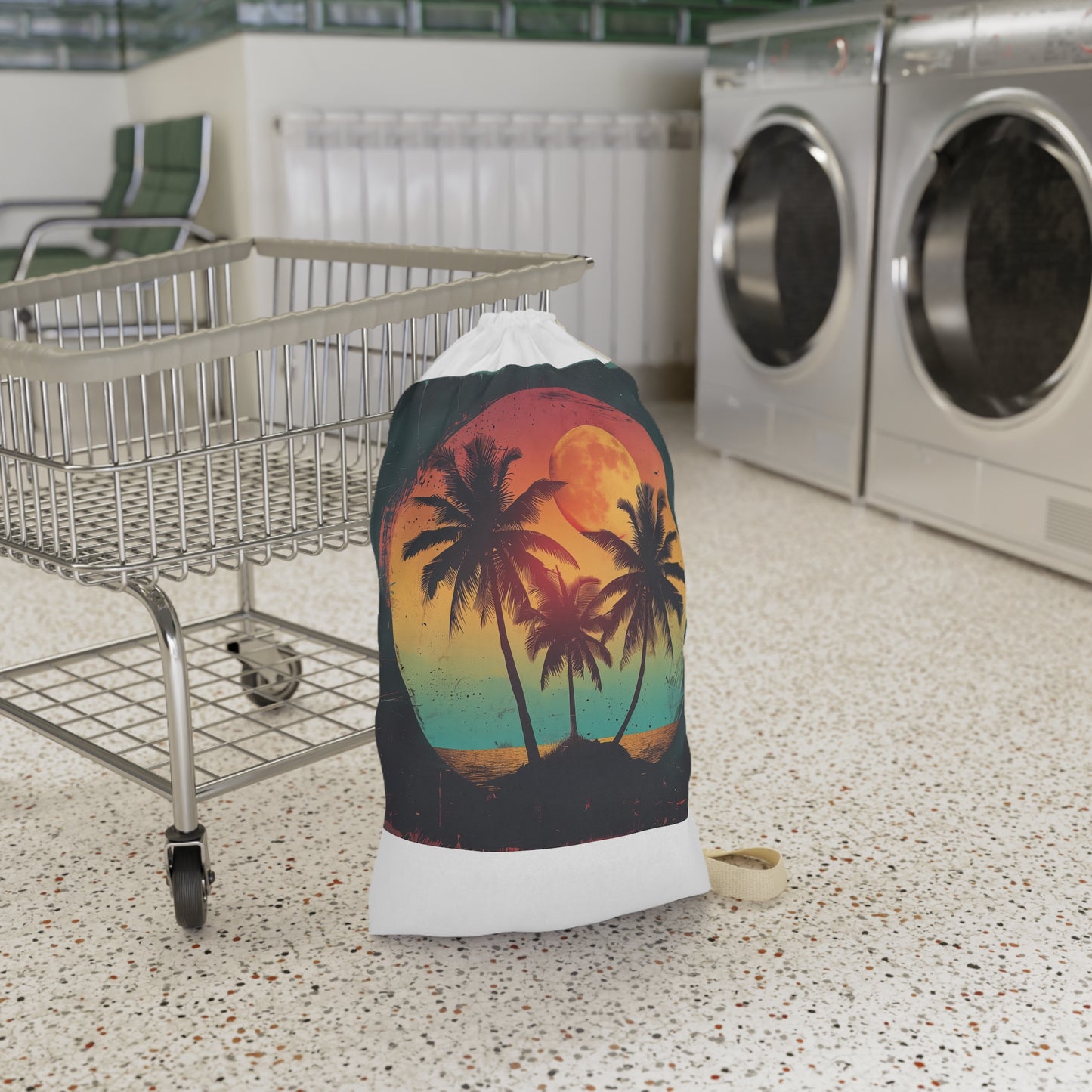 Vintage palm tree laundry bag with retro sunset design. Perfect for organizing dirty clothes. Transport yourself to a tropical paradise with this stylish and practical laundry accessory.