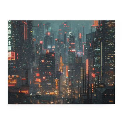 Neon Cyberpunk City Jigsaw Puzzle - Futuristic skyline with vibrant lights, perfect for sci-fi fans and puzzle lovers.