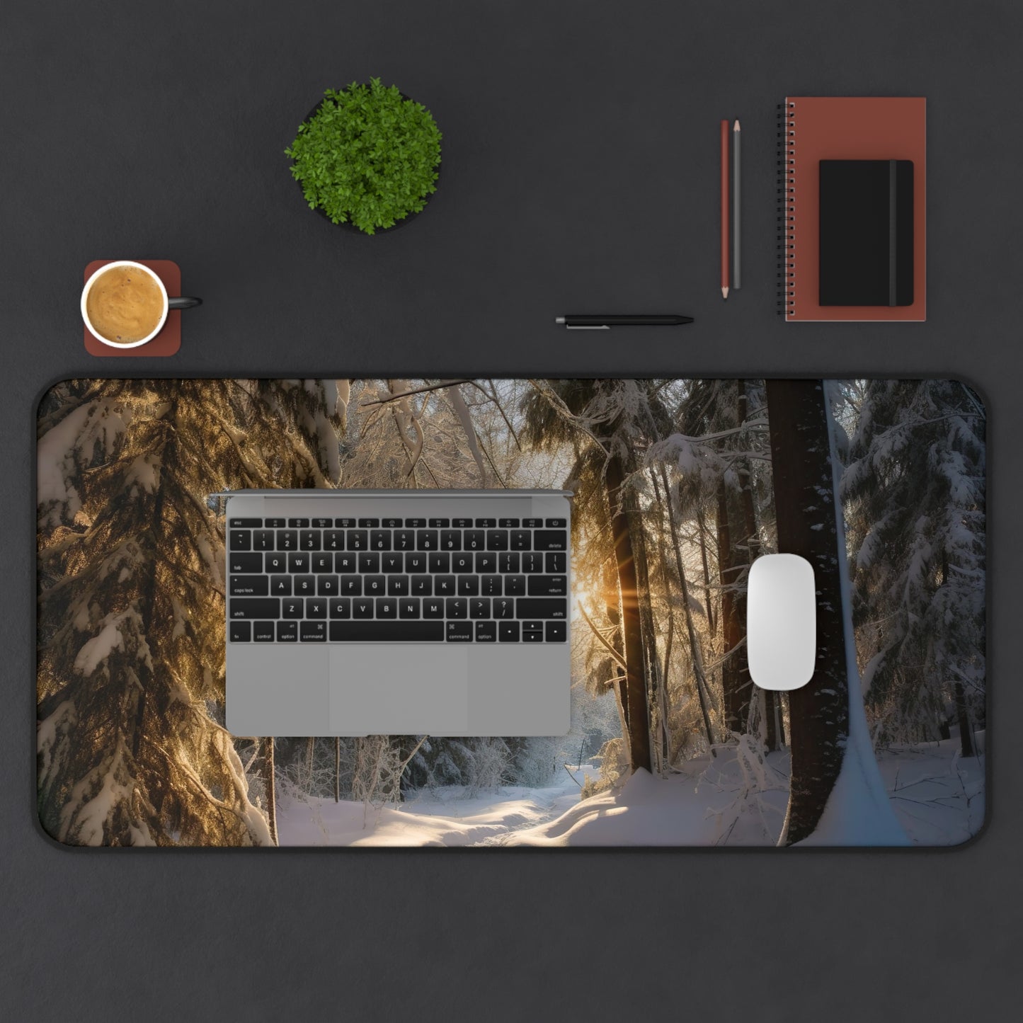 "Winter Forest Desk Mat - Tranquil snow-covered scene to enhance productivity in style"