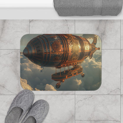 Alt text: Steampunk bath mat featuring a majestic airship above the clouds, adorned with intricate gears and gadgets. Perfect for adding a touch of Victorian futurism to your bathroom decor. High-quality material, comfortable and stylish, perfect for all seasons, makes a great gift. Size: 24" x 17". Shop the entire collection at PrintsWithPassion.com.