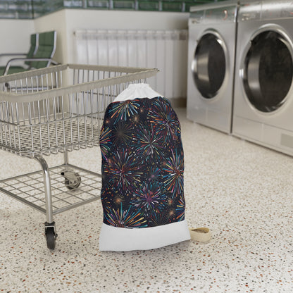 "Festive Fireworks Laundry Bag - Vibrant colorful pattern, seamless design, laundry room essential"