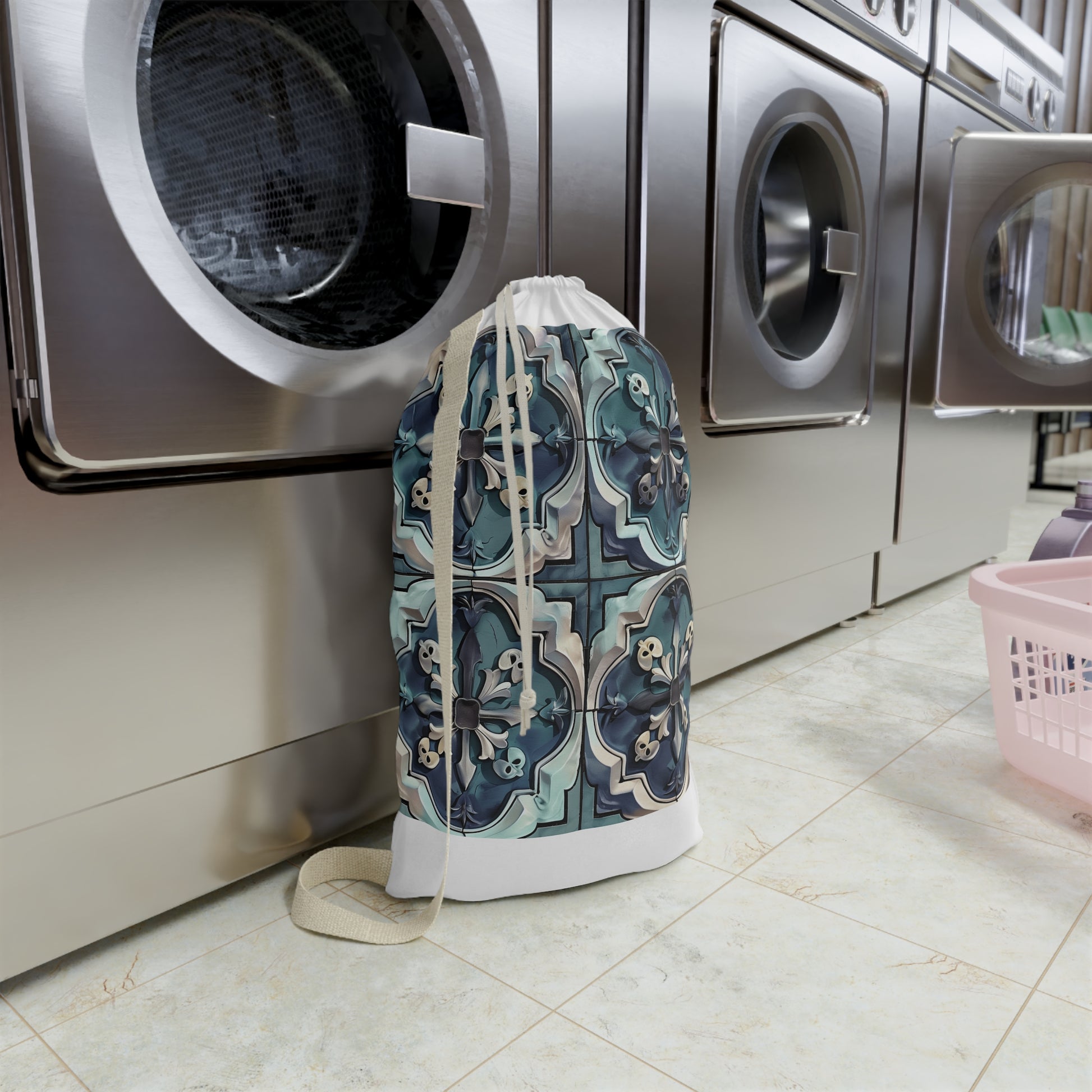 "Artisan Tile Laundry Bag - Stylish seamless pattern pillowcase for elevated laundry routines"