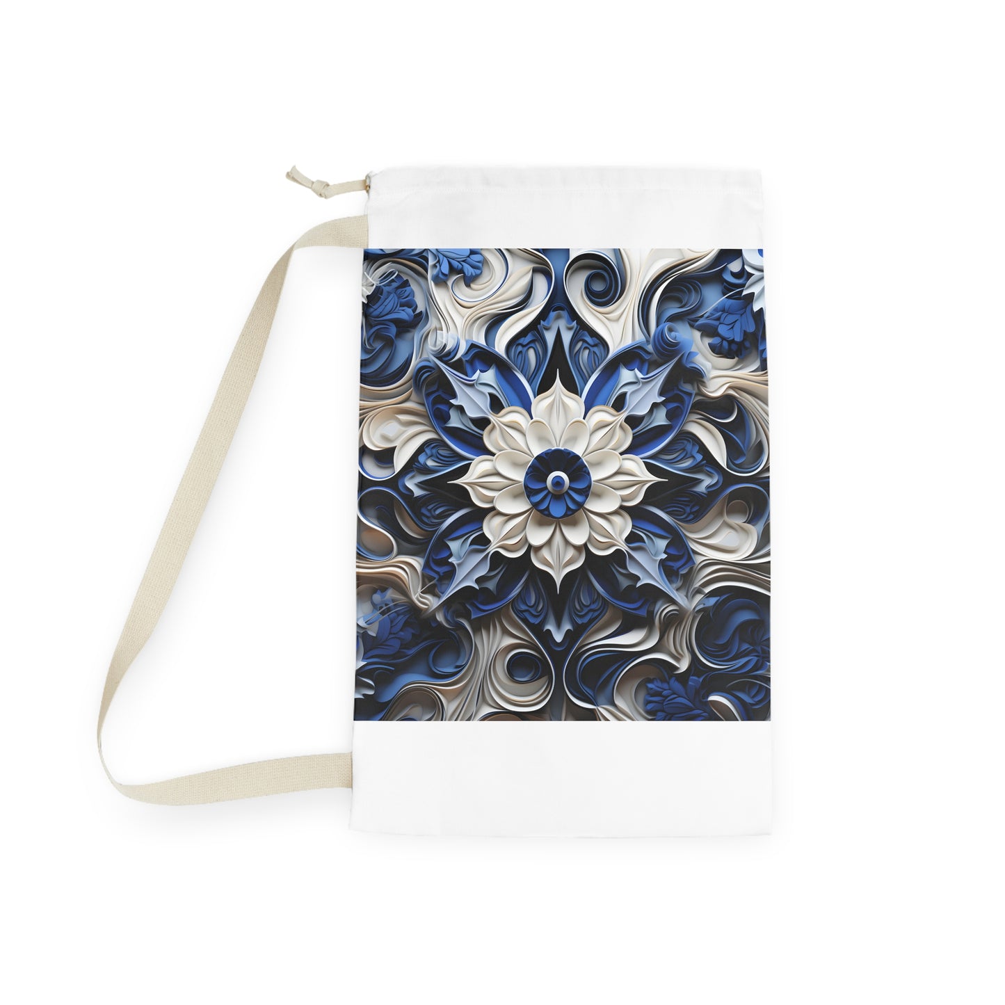 "Blue porcelain texture laundry bag, stylish addition to laundry routine in soothing shades of blue and dark colors"