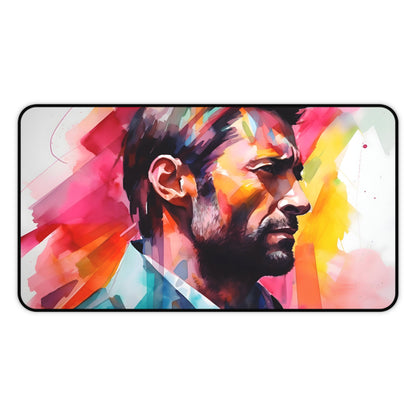 "Neon Hugh Jackman Watercolor Desk Mat - Add vibrant style to your workspace"