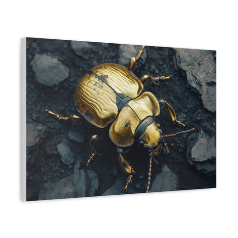 Golden Beetle Crawling on Obsidian Floor — Canvas Wall Art — Side Profile & Stretched Corner Detail