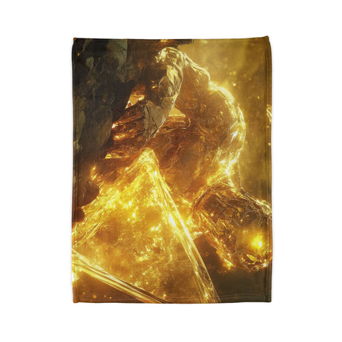 Golem of Glass & Gold Rising from Earth — Plush Fleece Throw Blanket — Folded Plush Blanket Detail