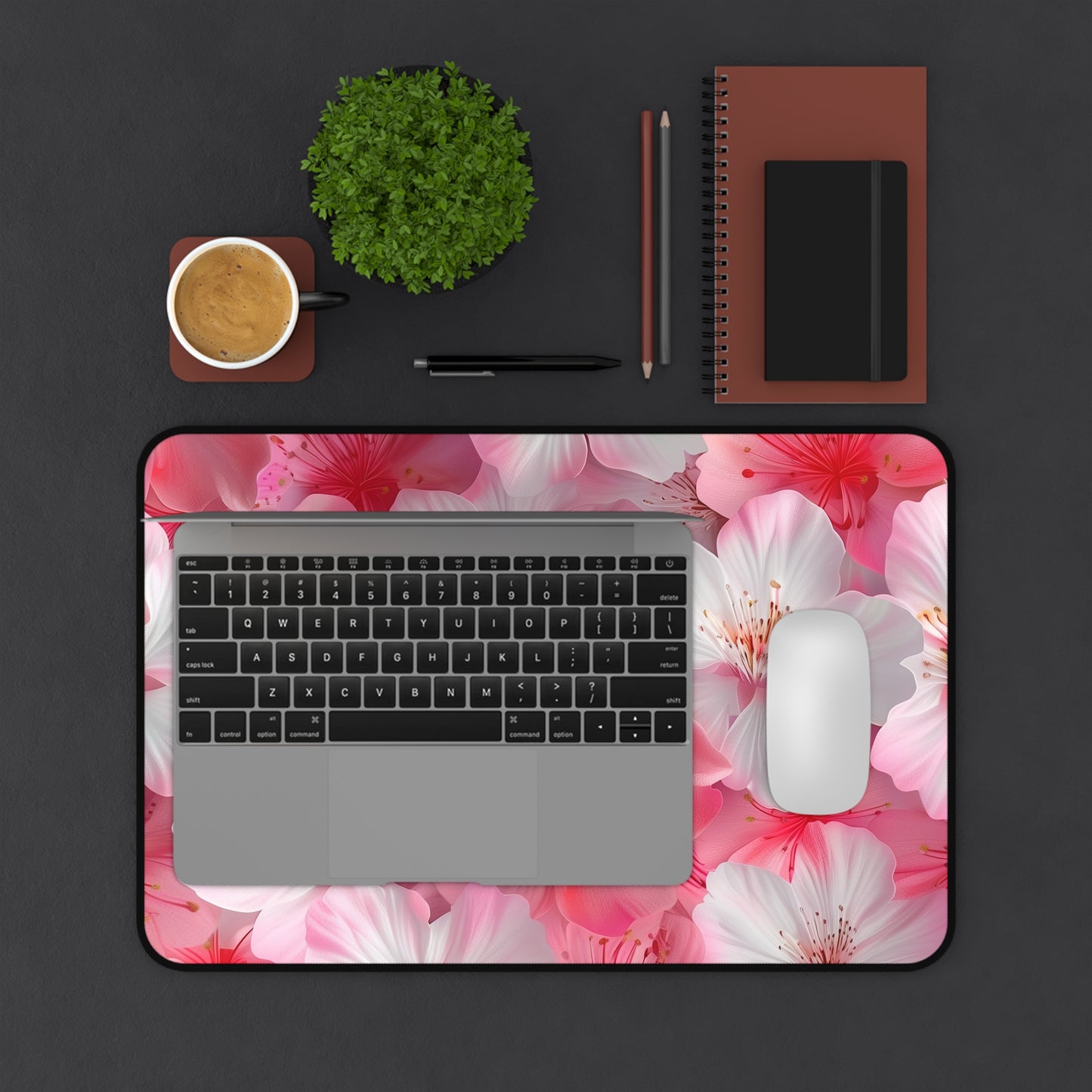 "Cherry Blossom Desk Mat - Elegant pink and white floral pattern, perfect for transforming your workspace"