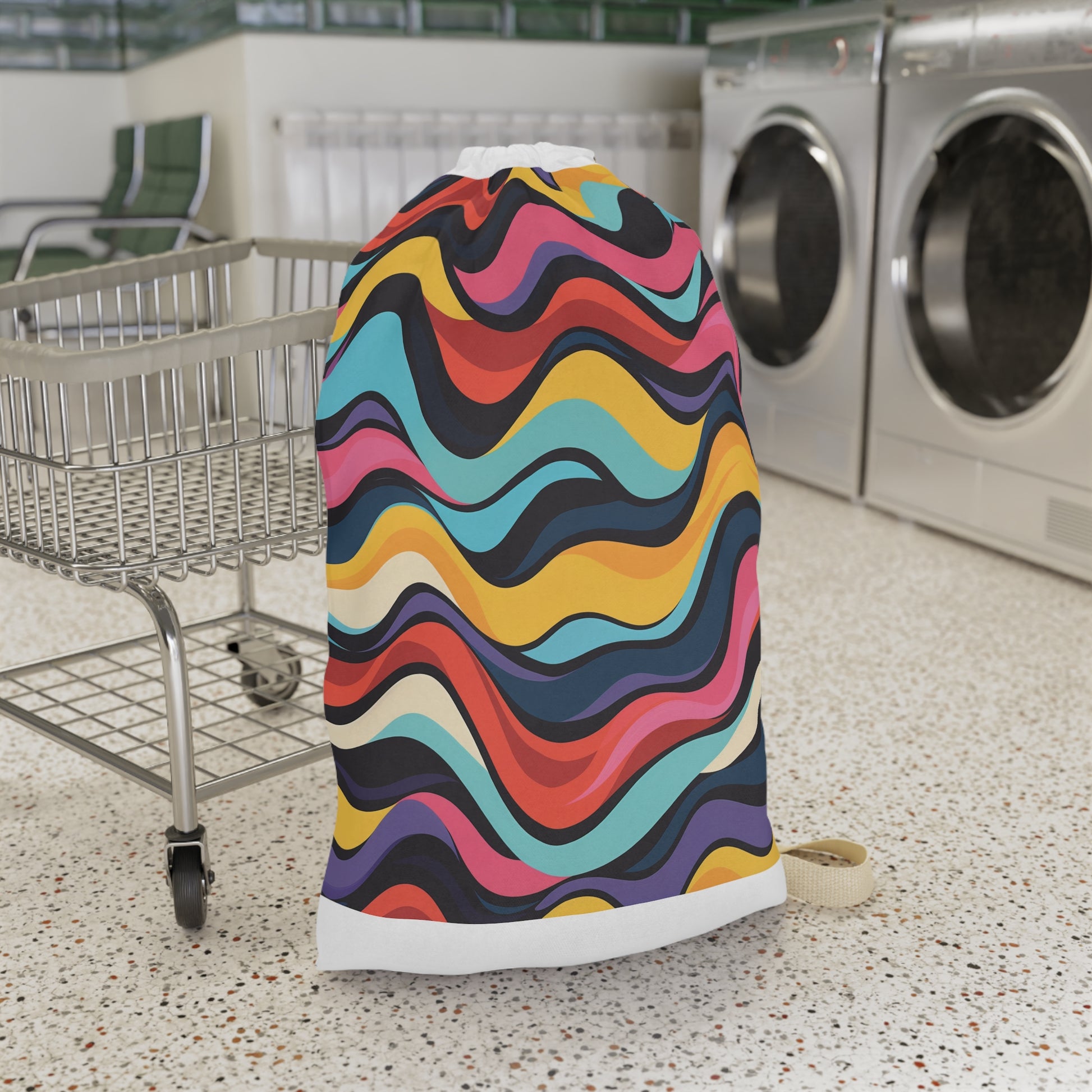 "Vibrant Retro Waves Laundry Bag - Colorful seamless pattern for fun laundry routine"