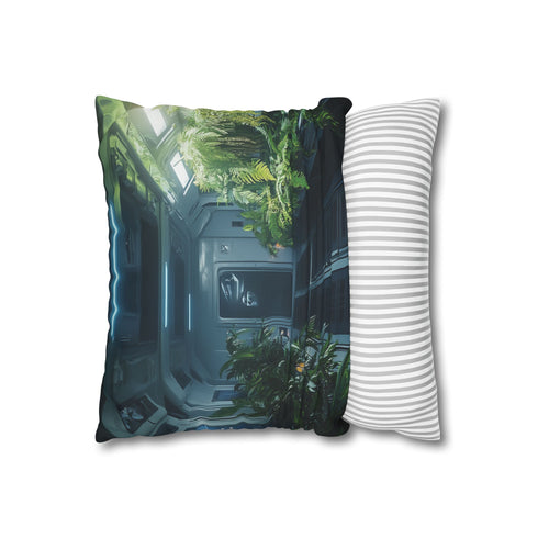 Rainforest Growing on a Space Station — 40×40 Cushion Cover — Soft Brushed Fabric Texture Close-Up