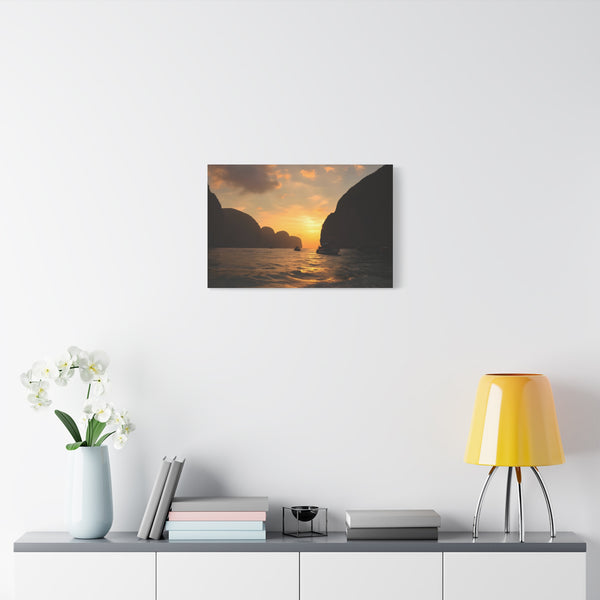 Maya Bay Tropical Limestone Cliffs Sunset Stretched Canvas Wall Art - Product in Use Lifestyle View | Prints With Passion