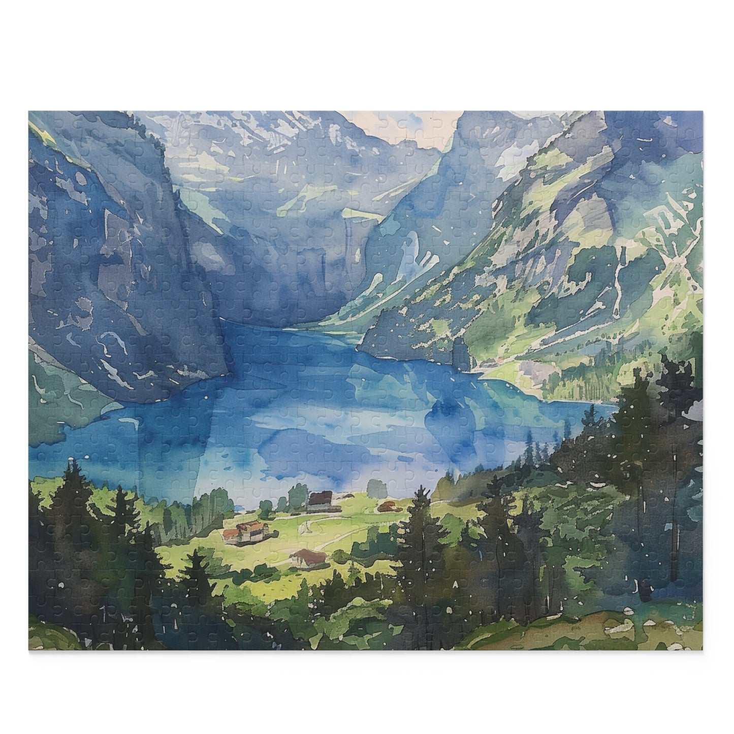 Swiss Alps Watercolor Jigsaw Puzzle - Piece together serene beauty of majestic mountains & landscape